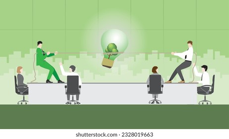 ESG business ideas compete. Pull rope for a tree big lightbulb in an office meeting. Renewable green energy, Environmental policy, Net zero emission, Carbon footprint reduction, Sustainable. and eco.