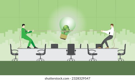 ESG business ideas compete. Pull rope for a tree big lightbulb in an office meeting. Renewable green energy, Environmental policy, Net zero emission, Carbon footprint reduction, Sustainable. and eco.