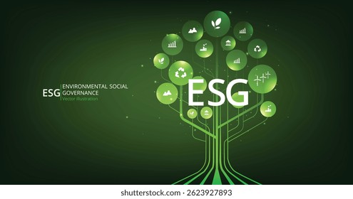 ESG para o conceito de negócios e organização. Resolvendo questões ambientais, sociais e de governança com ícones de figuras em um fundo verde escuro.ilustração vetorial ESG moderna.