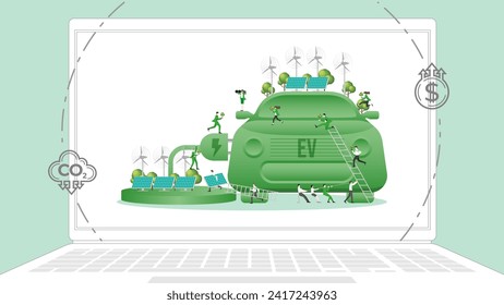 ESG business policy in laptop. Carbon credit calculate from reduce carbon footprint and carbon dioxide to net zero goal in 2050. Electric power Vehicle, sustainable development. Vector illustration.