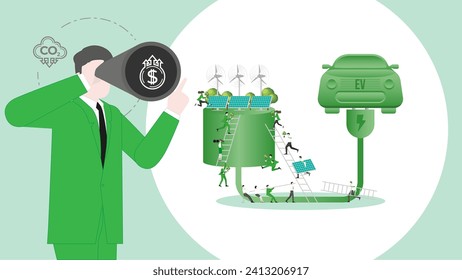 ESG business visionary. Carbon credit, Reduce carbon footprint and carbon dioxide to carbon offset to Net zero goal in year 2050. Electric Vehicle, sustainable development. Vector illustration.