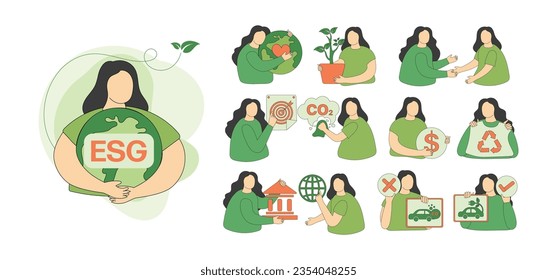 ESG cartoon concept business and organization, Environment, Social, Governance and sustainable development. Green energy, sustainable industry with solar energy. Vector illustration set.

