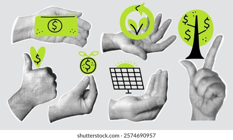 ESG collage. Green business and technology set. Vector illustration 