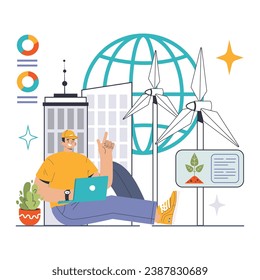 ESG Commitment concept. Worker with laptop, modern city, wind turbines, and green initiatives. Corporate responsibility, sustainable practices. Environmental awareness. Flat vector illustration