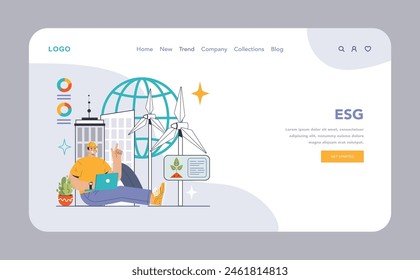 ESG Commitment web or landing. Worker with laptop, modern city, wind turbines, and green initiatives. Corporate responsibility, sustainable practices. Environmental awareness. Flat vector illustration