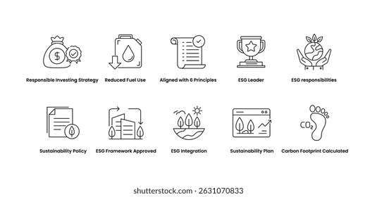 ESG Compliance and Integration Icons. Framework Approved, Leader, Integration, responsibilities, Responsible Investing Strategy, Sustainability Plan, Sustainability Policy.