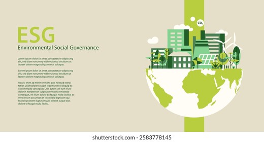 ESG concept banner, half of the planet with the city on top, ecological poster, vector illustration with copy space