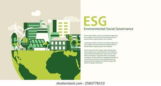 ESG concept banner, half of the planet with the city on top, ecological poster, vector illustration with copy space