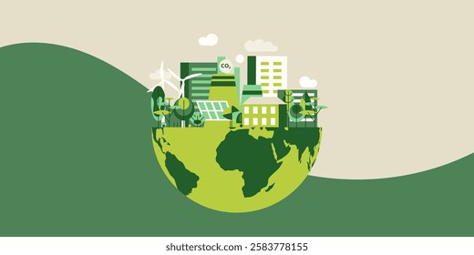 ESG concept banner, half of the planet with the city on top, ecological poster, vector illustration with copy space