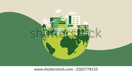 ESG concept banner, half of the planet with the city on top, ecological poster, vector illustration with copy space