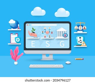 ESG-Konzept. Computer mit Umwelt-, Sozial-, Governance-Symbole auf dem Bildschirm. Web-Vektorgrafik im 3D-Stil