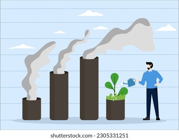 ESG concept or ecological problem, Climate crisis and environmental policy, doing environmental improvement, Businessman leader watering seeds on bar graph with increasing pollution smoke