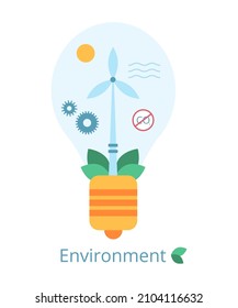 ESG-Konzept der Umwelt. Erneuerbare Energie aus natürlichen Ressourcen. Eine Glühbirne mit einer Windturbine, Blättern, Sonne und einem "No CO2"-Schild drinnen. Vektorgrafik auf weißem Hintergrund im flachen Stil.