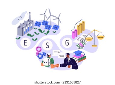 ESG concept. Environmental, social and corporate governance. Sustainable responsible ethical approach and values in business and management. Flat vector illustration isolated on white background