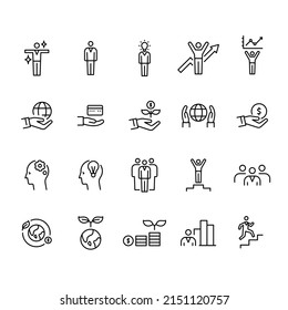 ESG concept. Environmental, social, and corporate governance related editable stroke outline icons set 