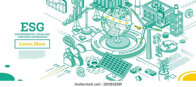 ESG Concept of Environmental, Social and Governance. Globe Model of the Earth. Vector Illustration. Sustainable Development. Isometric Outline Concept. Green Color. Alternative Energy.