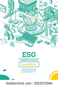 ESG Concept of Environmental, Social and Governance. Globe Model of the Earth. Vector Illustration. Sustainable Development. Isometric Outline Concept. Green Color. Alternative Energy.