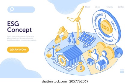 ESG concept of environmental, social and governance. Modern sustainable development. Concept of alternative energy. Website, web page, landing page template. Isometric cartoon vector illustration