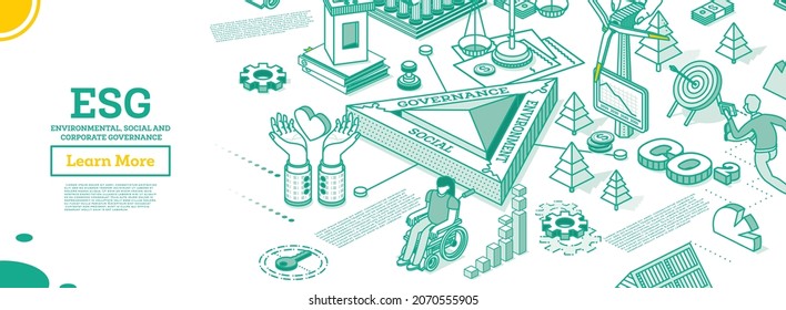 Concepto de ESG de medio ambiente, social y gobernanza. CO2. Reducción de las emisiones de carbono. Ilustración vectorial. Desarrollo Sostenible. Concepto de contorno isométrico. Color verde. Energía alternativa.