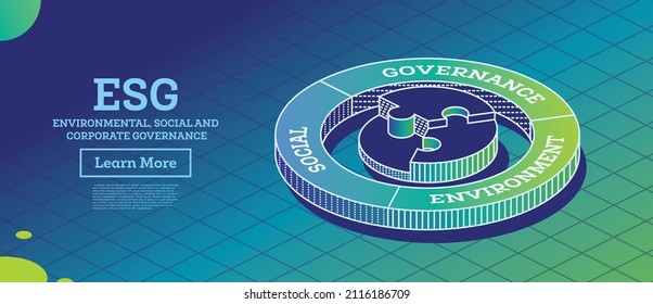 ESG Concept of Environmental, Social and Governance. Infographic Element. Vector Illustration. Sustainable Development. Isometric Outline Concept. Pie Chart with Three Elements.