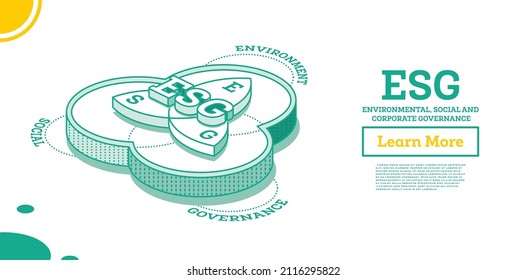 ESG Concept of Environmental, Social and Governance. Infographic Element. Vector Illustration. Sustainable Development. Isometric Outline Concept. Pie Chart with Three Elements.