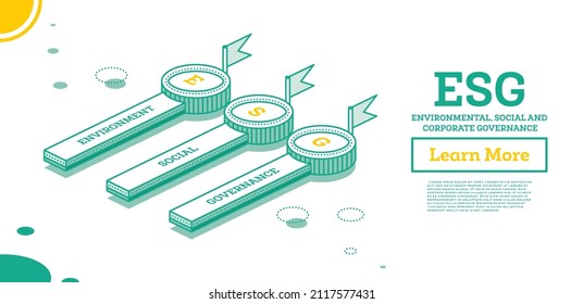 ESG Concept of Environmental, Social and Governance. Infographic Element with Three Elements. Vector Illustration. Sustainable Development. Isometric Outline Concept.