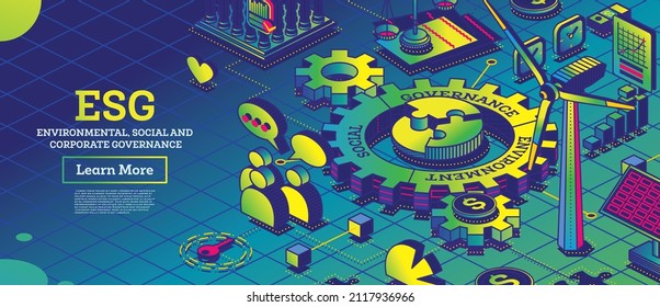 ESG Concept of Environmental, Social and Governance. Vector Illustration. Sustainable Development. Isometric Outline Concept. Green Color. Alternative Energy. Talking People.