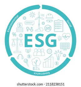 ESG Concept of Environmental, Social and Governance. Capital letters with icons that reveal their meaning. Vector illustration isolated on a white background.