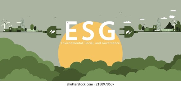 Concepto de ESG ambiental, social y de gobernanza en negocios sostenibles y éticos con vectores de fondo verde Ilustración