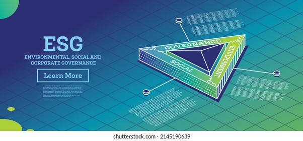 ESG Concept of Environmental, Social and Governance. Vector Illustration. Sustainable Development. Isometric Outline Concept. Green Color.