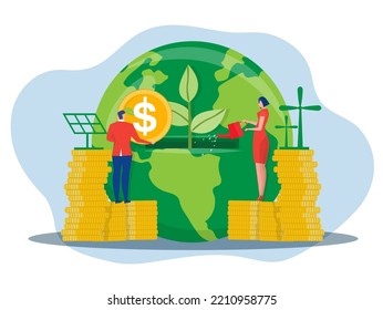 ESG concept environmental social and governance concept Businessman  drop coin for invest energy sources. Preserving resources of planet.flat vector illustration