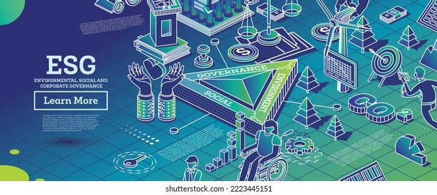 Concepto de ESG de medio ambiente, social y gobernanza. CO2. Reducción de las emisiones de carbono. Ilustración vectorial. Desarrollo Sostenible. Concepto de contorno isométrico. Color verde. Energía alternativa.