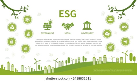 ESG concept of environmental, social and governance. in sustainable and ethical business on the Network connection on a green background. Green Vector illustration 