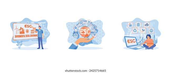ESG concept as environmental and social governance with business. World sustainable environment. Businessman use a computer to analyze ESG data. Set flat vector modern illustration