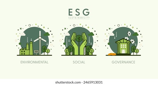 ESG concept, Environmental, Social and Governance. Green city background. Flat minimal style. Vector Illustration.