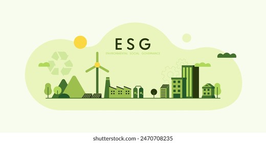 ESG concept, Environmental, Social and Governance. Green eco landscape background. Flat minimal style. Vector Illustration.