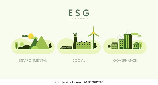 Concepto ESG, Ambiental, Social y Gobernanza. Conjunto de fondo de paisaje ecológico verde. Estilo plano minimalista. Ilustración vectorial.