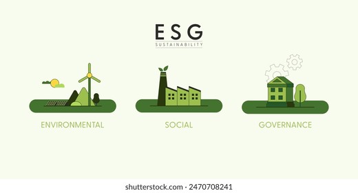 ESG concept, Environmental, Social and Governance. Set of Green ecology and environment background. Flat minimal style. Vector Illustration.