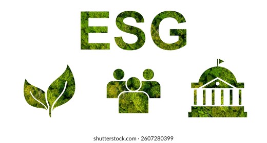 ESG concept with environmental, social, and governance icons over a green forest background. Symbolizing sustainable business practices, corporate responsibility, and ethical governance.