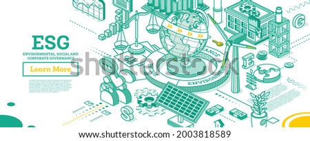 ESG Concept of Environmental, Social and Governance. Globe Model of the Earth. Vector Illustration. Sustainable Development. Isometric Outline Concept. Green Color. Alternative Energy.