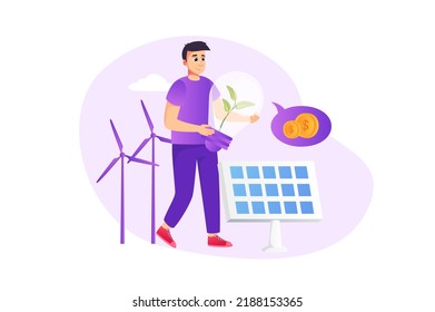 Concepto ESG en estilo plano con escena popular. Negocios ecológicos con medio ambiente, social y gobernabilidad. Empresario invirtiendo en fuentes de energía alternativas. Ilustración vectorial para el diseño web