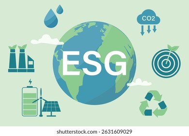 ESG concept. Globe with icon environmental, social and governance in sustainable and ethical business renewable energy for awareness earth climate change pollution vector flat illustration.