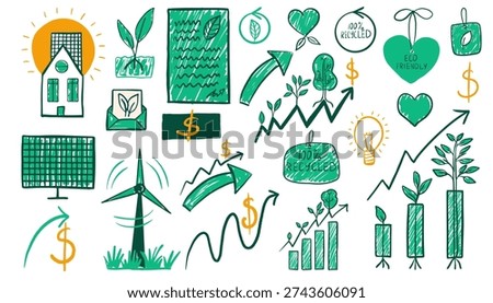 Esg concept hand drawn ecology set. Sustainable energy icons with financial growth ideas, green doodle solar panel, wind turbine and business graph.S ymbols about environmental, social governance and sustainability.