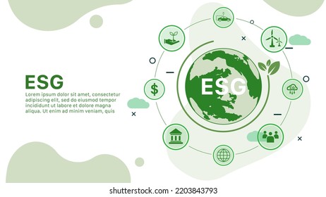 Icono del concepto de ESG para empresas y organizaciones, Medio ambiente, social, gobernanza y desarrollo de la sostenibilidad con antecedentes del mundo verde, ilustración vectorial	