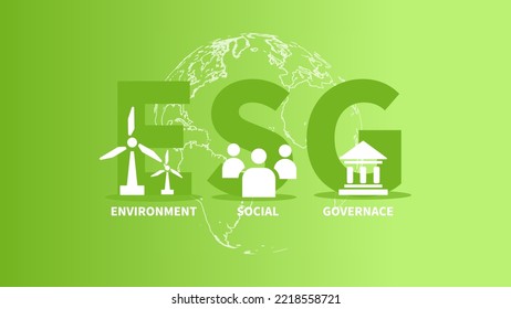 Icono del concepto de ESG para empresas y organizaciones, Medio ambiente, social, gobernanza y desarrollo de la sostenibilidad sobre fondo verde, ilustración de vectores	