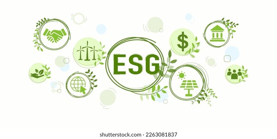 Icono de concepto de ESG para empresas y organizaciones, Medio ambiente, social, gobernanza y desarrollo de sostenibilidad con diagrama de venn, ilustración vectorial