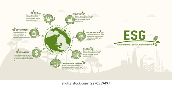 Icono del concepto de ESG para empresas y organizaciones, Medio ambiente, social, gobernanza y desarrollo de la sostenibilidad con antecedentes del mundo verde, ilustración vectorial
