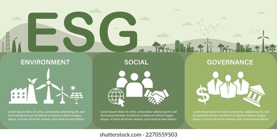 Icono de concepto de ESG para empresas y organizaciones, Medio ambiente, social, gobernanza y desarrollo de sostenibilidad con diseño infográfico plano ilustración vectorial