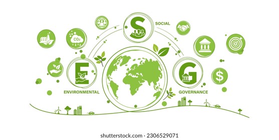 Icono de concepto de ESG para empresas y organizaciones, concepto de Medio Ambiente, Social, Gobernanza y desarrollo de sostenibilidad con diagrama de venn, ilustración vectorial, infografía.
