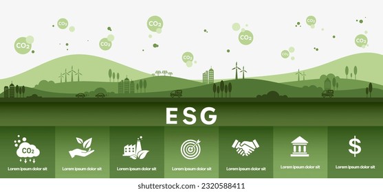 ESG Concept Icon für Business und Organisation, Umwelt, Soziales, Governance und Nachhaltigkeitsentwicklung mit Venendiagramm, Vektorgrafik, Infografik.